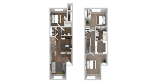 A floor plan of a two-story apartment with a living room, kitchen, and bedrooms.